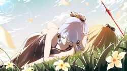 2girls absurdres ayaka_(genshin_impact) bare_shoulders black_dress blue_eyes breasts breasts_apart chinese_commentary cloud commentary_request day dress falling_petals genshin_impact girl_on_top grass hair_ornament highres long_hair looking_at_another lumine_(genshin_impact) lying medium_breasts multiple_girls mxirony on_back on_grass outdoors petals ponytail short_hair_with_long_locks sky smile weapon white_hair yellow_eyes yuri