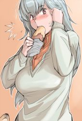 Rule 34 | 00s, 1girl, blush, breasts, casual, eating, food, large breasts, aged up, red eyes, rozen maiden, sexually suggestive, silver hair, solo, suigintou, surprised, sweat, sweater, tsuda nanafushi