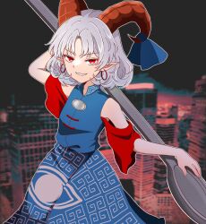 Rule 34 | 1girl, bare shoulders, blue dress, blue ribbon, cowboy shot, curly hair, dress, earrings, grey hair, grin, highres, holding utensil, hoop earrings, horn ornament, horn ribbon, horns, jewelry, looking at viewer, medium hair, oni tama, oversized object, pointy ears, rectangular pupils, red eyes, red horns, red sleeves, ribbon, sharp teeth, sheep horns, smile, solo, teeth, touhou, toutetsu yuuma