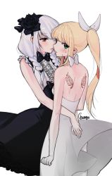 Rule 34 | 2girls, back, back tattoo, bad id, bad twitter id, bare shoulders, black dress, blonde hair, blush, bow, braid, chungu, dress, frills, gothic lolita, green eyes, hairband, halter dress, halterneck, highres, hug, imminent kiss, lolita fashion, long hair, looking back, multiple girls, ponytail, red eyes, sidelocks, sweatdrop, tattoo, twin braids, white dress, white hair, white legwear, wind, wind lift, yuri