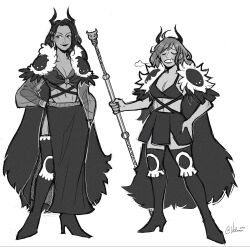 Rule 34 | 2020, 2girls, armor, bikini, bikini top only, boots, cape, closed eyes, commentary, cross-laced bikini, cross-laced clothes, earrings, english commentary, full body, fur cape, greyscale, hand on own hip, high heels, highres, holding, holding weapon, horns, jewelry, long hair, long skirt, looking to the side, monochrome, multiple girls, nami (one piece), nico robin, one piece, puff of air, see-through, see-through sleeves, shoulder armor, side slit, sidelocks, sigh, simple background, skirt, smile, swimsuit, velmuu, weapon, white background