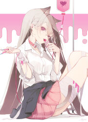 Rule 34 | 1girl, absurdres, animal ear fluff, animal ears, bandaged leg, bandages, brown hair, candy, cat ears, cat girl, cat tail, clothes around waist, collar, collarbone, collared shirt, commentary request, dress shirt, feet out of frame, food, hands up, heart, highres, holding, holding candy, holding food, holding lollipop, holding syringe, lollipop, long hair, mayogii, original, pink background, pink eyes, pink skirt, pleated skirt, red collar, shirt, sitting, skirt, solo, syringe, tail, two-tone background, very long hair, white background, white shirt