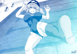 Rule 34 | 1girl, blue theme, blush, boots, breasts, commentary request, falling, flat cap, foot out of frame, hair bobbles, hair ornament, hat, highleg, highleg swimsuit, highres, impossible clothes, impossible swimsuit, indoors, kagiyama shachou, kawashiro nitori, large breasts, looking at viewer, medium hair, monochrome, open mouth, pool, pool ladder, rubber boots, school swimsuit, sidelocks, solo, swimsuit, touhou, two side up, water