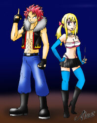 Rule 34 | 1boy, 1girl, abs, allexxiss, alternate costume, alternate hairstyle, artist name, artist request, bandeau, biker clothes, blonde hair, boots, choker, fairy tail, fingerless gloves, full body, fur-trimmed jacket, fur trim, gloves, jacket, lucy heartfilia, middle finger, miniskirt, muscular, muscular male, natsu dragneel, navel, official alternate hairstyle, pink hair, skirt, sleeveless, sleeveless jacket, thighhighs