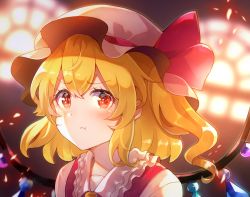 Rule 34 | 1girl, 60mai, :t, blonde hair, blurry, blurry background, blush, commentary, crystal, eyelashes, flandre scarlet, frilled shirt collar, frills, hat, hat ribbon, indoors, light particles, looking at viewer, medium hair, mob cap, one side up, portrait, pout, red eyes, red ribbon, ribbon, solo, touhou, v-shaped eyebrows, window, wings, yellow neckwear