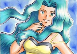 Rule 34 | 1girl, blue background, breasts, collarbone, commentary, creatures (company), eyelashes, game freak, green eyes, green hair, hand up, highres, karen (pokemon), long hair, looking at viewer, nintendo, oka mochi, pokemon, pokemon hgss, shirt, smile, solo, traditional media, upper body, wavy hair, yellow shirt