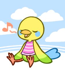 Rule 34 | 1girl, animal crossing, bare shoulders, beak, bird girl, bird tail, blue sky, blush stickers, bottomless, closed eyes, cloud, day, female focus, flat chest, full body, furry, furry female, happy, muguet, musical note, nintendo, open mouth, outdoors, pink shirt, shirt, simple background, sitting, sky, sleeveless, sleeveless shirt, smile, solo, spoken musical note, striped clothes, striped shirt, tail, twiggy (animal crossing), two-tone background