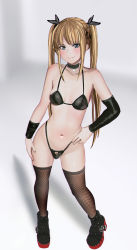 Rule 34 | 1girl, aruman, bad id, bad pixiv id, bikini, black bikini, black panties, black ribbon, black thighhighs, blonde hair, blue eyes, blush, breasts, choker, collarbone, commentary request, contrapposto, dead or alive, dead or alive 5, detached sleeves, eyeshadow, female pubic hair, fishnet thighhighs, fishnets, groin, hair ornament, hair ribbon, hand on own hip, highleg, highleg panties, highres, long hair, looking at viewer, makeup, marie rose, nail polish, navel, panties, pubic hair, ribbon, shoes, sidelocks, small breasts, smile, solo, standing, swimsuit, thighhighs, twintails, underwear, x hair ornament