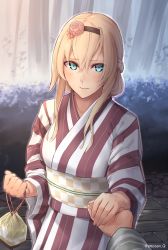Rule 34 | 10s, 1girl, alternate costume, artist name, bag, blonde hair, blue eyes, blush, braid, enosan, eye contact, flower, french braid, hair between eyes, hair flower, hair ornament, holding hands, highres, holding, holding bag, japanese clothes, kantai collection, kimono, light, long hair, long sleeves, looking at another, looking at viewer, outdoors, pink flower, pouch, pov, sash, sidelocks, solo focus, stone floor, upper body, warspite (kancolle), wide sleeves, yukata