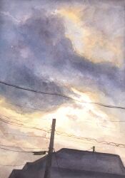 Rule 34 | building, cloud, cloudy sky, day, highres, no humans, original, painting (medium), power lines, scenery, sky, tlctm7h8wdwnthx, traditional media, utility pole, watercolor (medium)