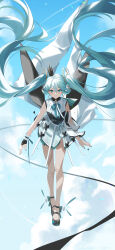 1girl absurdres aqua_eyes aqua_hair black_footwear blue_sky breasts chinese_commentary closed_mouth cloud commentary_request crown dress floating_hair full_body hatsune_miku high_heels highres long_hair looking_at_viewer medium_breasts mini_crown sky smile solo twintails very_long_hair vocaloid walking white_dress wrist_cuffs yume-dream