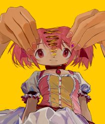 Rule 34 | 1girl, absurdres, akemi homura, arms at sides, body horror, bubble skirt, choker, closed mouth, commentary request, fingernails, frilled sleeves, frills, highres, kaname madoka, magical girl, mahou shoujo madoka magica, mahou shoujo madoka magica (anime), mahou shoujo madoka magica movie 1 &amp; 2, mihifu, out of frame, pink hair, puffy short sleeves, puffy sleeves, red choker, red eyes, ribbon choker, ripping, short hair, short sleeves, short twintails, simple background, skirt, smile, solo focus, soul gem, surreal, twintails, upper body, yellow background, yellow theme