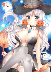 Rule 34 | 1girl, :d, azur lane, bare shoulders, black hat, blush, breasts, broom, broom riding, cleavage, detached collar, food-themed hair ornament, ghost, grey panties, grey thighhighs, hair ornament, halloween, halloween costume, hat, highres, illustrious (azur lane), knees together feet apart, large breasts, long hair, looking at viewer, low twintails, marker (medium), mole, mole on breast, mole under eye, open mouth, panties, pantyshot, pumpkin hair ornament, saya pr, sidesaddle, sitting, smile, solo, teeth, thighhighs, traditional media, twintails, underwear, witch hat