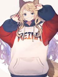 Rule 34 | 1girl, animal ears, arms up, blonde hair, blue eyes, claw pose, clothes writing, drawstring, fox ears, fox girl, fox tail, grin, jacket, long hair, long sleeves, looking at viewer, nail polish, original, puffy sleeves, raglan sleeves, red nails, reiwa, shugao, simple background, smile, solo, tail, upper body, white background, white jacket