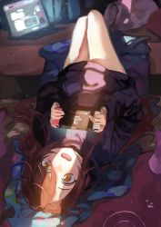Rule 34 | 1girl, computer, dark, highres, idolmaster, idolmaster shiny colors, laptop, long hair, looking at viewer, lying, nintendo switch, on back, on floor, open mouth, osaki tenka, otsudou, red hair, solo focus, sunlight, surprised, upside-down, yellow eyes