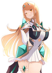 Rule 34 | 1girl, absurdres, bad id, bad twitter id, bare legs, bare shoulders, blonde hair, breasts, chest jewel, cleavage, cleavage cutout, clothing cutout, dress, earrings, elbow gloves, gloves, highres, jewelry, large breasts, long hair, mythra (xenoblade), risumi (taka-fallcherryblossom), short dress, simple background, swept bangs, thigh strap, tiara, very long hair, white dress, white gloves, xenoblade chronicles (series), xenoblade chronicles 2, yellow eyes