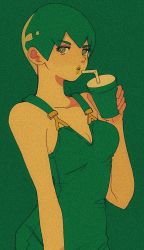 Rule 34 | 1girl, breasts, cleavage, cowboy shot, cup, drinking straw, foo fighters (jojo), green background, green eyes, green hair, green lips, green overalls, holding, holding cup, jojo no kimyou na bouken, looking at viewer, medium breasts, overalls, parted lips, pikurusu, short hair, simple background, sleeveless, solo, stone ocean