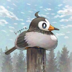 animal_focus bird blue_eyes bright_pupils closed_mouth cloud creatures_(company) feathers game_freak gen_4_pokemon highres kagure_(karaguren) nintendo no_humans pokemon pokemon_(creature) sitting solo starly tree white_pupils wings