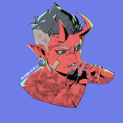 Rule 34 | 1boy, absurdres, ale55, bandaid, bandaid on face, blue background, blue eyes, commentary, dated, demon, demon boy, demon horns, earrings, grey hair, highres, horns, jewelry, looking at viewer, male focus, nose piercing, original, piercing, pointy ears, short hair, signature, simple background, solo, tattoo, tongue, tongue out