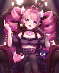 Rule 34 | 1girl, absurdres, ahoge, bell, black choker, black pantyhose, black skirt, blush, breasts, bubi (ironmouse), choker, crop top, demon girl, demon horns, drill hair, ear bell, earrings, frilled skirt, frills, heart, heart ahoge, highres, horns, ironmouse, jewelry, jingle bell, large breasts, long hair, looking at viewer, miracle (waaaracle), multicolored hair, open mouth, pantyhose, pink hair, pointy ears, purple eyes, purple hair, single earring, skirt, smile, streaked hair, third eye on chest, twin drills, virtual youtuber, vshojo