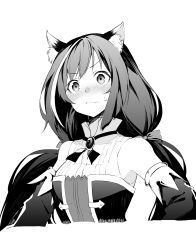 Rule 34 | 1girl, absurdres, animal ear fluff, animal ears, blush, cat ears, detached sleeves, greyscale, high collar, highres, karyl (princess connect!), low twintails, monochrome, multicolored hair, princess connect!, simple background, solo, streaked hair, sweatdrop, tsukamoto minori, twintails, white background