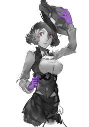 Rule 34 | 10s, 1girl, arm up, breasts, closed mouth, club3, corset, gloves, hand up, hat, unworn hat, unworn headwear, highres, holding, holding hat, limited palette, looking at viewer, medium breasts, monochrome, okumura haru, persona, persona 5, purple gloves, short hair, simple background, solo, spot color, upper body, wavy hair