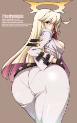 Rule 34 | 1girl, artist name, ass, belt, black gloves, bodysuit, breasts, buckle, candy, cowboy shot, curvy, eyebrows, food, from behind, gloves, guilty gear, guilty gear xrd, guilty gear xrd: revelator, hair between eyes, halo, highres, hip focus, hiromin, huge ass, jack-o&#039; valentine, large breasts, lens flare, lollipop, long hair, long sleeves, looking at viewer, looking back, mouth hold, multicolored hair, pantylines, red eyes, red hair, simple background, skin tight, solo, sparkle, twitter username, two-tone hair, watermark, web address, wide hips