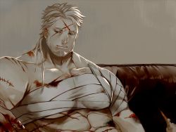Rule 34 | 1boy, abs, bad id, bad twitter id, bandaged chest, bandages, bara, beard, blood, blood on clothes, chest sarashi, couch, facial hair, fangs, hinokumo f, injury, kresnik (housamo), large pectorals, male focus, mature male, muscular, muscular male, old, old man, on couch, pectorals, ponytail, sarashi, scar, scar across eye, scar on chest, scar on face, scar on forehead, sidepec, sitting, solo, stomach, tokyo houkago summoners, upper body, white hair
