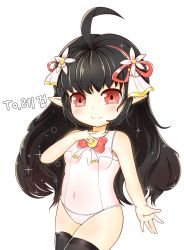 Rule 34 | 1girl, absurdres, ahoge, black hair, black thighhighs, character request, covered navel, dungeon and fighter, flower, hair flower, hair ornament, hand on own chest, highres, long hair, one-piece swimsuit, paruya, pointy ears, red eyes, ribbon, school swimsuit, simple background, smile, solo, swimsuit, thighhighs, white background, white one-piece swimsuit, white school swimsuit