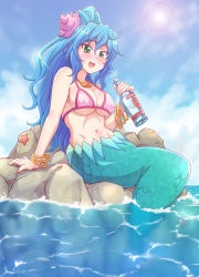 Rule 34 | 1girl, :d, alcohol, blue hair, blush, bottle, bracelet, breasts, cleavage, day, drunk, e20, green eyes, jewelry, large breasts, long hair, lots of jewelry, mermaid, monster girl, namiuchigiwa no muromi-san, navel, ocean, open mouth, ponytail, seashell, shell, sitting, sky, smile, solo, starfish, sumida-san, sun, underboob, very long hair, vodka, wide ponytail