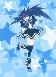 Rule 34 | 1girl, 32zzz, black dress, black gloves, black hair, black rock shooter, black rock shooter (character), black socks, blue bow, blue eyes, blue hair, bow, bowtie, check copyright, commentary request, copyright request, crown, dress, dress bow, earrings, gloves, hair between eyes, highres, jewelry, long hair, magical girl, multicolored hair, open mouth, pouch, precure, socks, solo, star (symbol), star earrings, streaked hair, twintails, uneven twintails