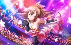 Rule 34 | 1girl, alternate costume, audience, black gloves, black thighhighs, blowing kiss, breasts, brown hair, choker, cleavage, collarbone, dress, elbow gloves, eydis (sao), floating hair, gloves, holding, holding microphone, idol, layered dress, leg up, long hair, medium breasts, microphone, one eye closed, pink dress, pleated dress, red eyes, short dress, solo, stage, strapless, strapless dress, striped clothes, striped thighhighs, sword art online, sword art online: alicization, sword art online: unleashed blading, thighhighs, vertical-striped clothes, vertical-striped thighhighs, very long hair, zettai ryouiki