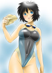 Rule 34 | 1girl, black hair, blue eyes, chaborin, competition swimsuit, goggles, one-piece swimsuit, original, short hair, solo, swim cap, swimsuit