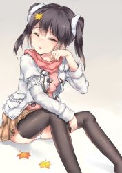 Rule 34 | 10s, 1girl, autumn leaves, black hair, black thighhighs, closed eyes, jacket, long hair, long sleeves, love live!, love live! school idol project, miniskirt, panties, pantyshot, parfaitlate, scarf, sitting, skirt, solo, thighhighs, tongue, tongue out, twintails, underwear, yazawa nico