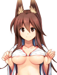 Rule 34 | 1girl, animal ears, areola slip, bikini, blush, breasts, brown eyes, brown hair, closed mouth, concon-collector, eyebrows, fox ears, hair between eyes, highres, long sleeves, open clothes, open shirt, raisu (nijie), shirt, simple background, smile, solo, swimsuit, tareme, underboob, upper body, white background, white bikini, white shirt, wide sleeves