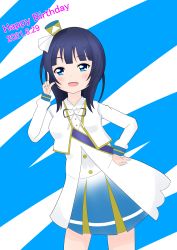 Rule 34 | 1girl, absurdres, artist name, artist request, asaka karin, blue eyes, blue hair, blue skirt, blush, breasts, collared shirt, cropped jacket, dark blue hair, female focus, gloves, hand on own hip, hat, highres, jacket, long sleeves, looking at viewer, love live!, love live! nijigasaki high school idol club, love live! school idol festival, medium hair, mini hat, mini top hat, nijiiro passion!, nijiiro passions! (love live!), parted lips, pointing, pointing up, rainbow-colored passions!, ribbon, sash, shako cap, shirt, short hair, skirt, small breasts, smile, solo, top hat, white gloves, white jacket, white ribbon