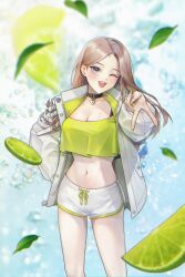 Rule 34 | 1girl, ;d, absurdres, black collar, black tank top, blue eyes, breasts, brown hair, cleavage, collar, crop top, crop top overhang, dolphin shorts, food, fruit, green nails, green shirt, gyaru v, hand on own hip, heart collar, highres, ice, jacket, leaf, lime (fruit), lime slice, long hair, looking at viewer, medium breasts, midriff, navel, one eye closed, open clothes, open jacket, open mouth, original, s0104y, shirt, short shorts, shorts, smile, solo, stomach, tank top, v, white jacket, white shorts