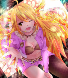 Rule 34 | 1girl, belly chain, blonde hair, cool &amp; sexy (idolmaster), headset, hoshii miki, idolmaster, idolmaster (classic), jewelry, kotorii, leaning forward, long hair, one eye closed, open mouth, outstretched hand, pantyhose, single leg pantyhose, solo, wink, yellow eyes