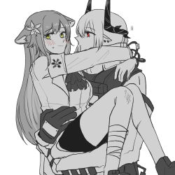 Rule 34 | 2girls, animal ears, arknights, arms around neck, bandaged leg, bandages, carrying, closed mouth, commentary request, demon horns, earrings, face-to-face, flower, folinic (arknights), gloves, hair flower, hair ornament, highres, horns, jewelry, korean commentary, long hair, long sleeves, looking at another, mudrock (arknights), multiple girls, ong (fyza2772), partially colored, pointy ears, princess carry, red eyes, sweat, white background, yellow eyes, yuri