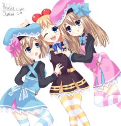 Rule 34 | 3girls, blonde hair, blue eyes, blush, brown hair, child, closed mouth, female focus, gekijigen tag: blanc + neptune vs zombie gundan, girl sandwich, hair ornament, hand on another&#039;s chest, hat, helvetica std, highres, long hair, looking at another, looking at viewer, multiple girls, naughty face, neptune (series), one eye closed, open mouth, pish, ram (neptunia), ribbon, rom (neptunia), sandwiched, school uniform, short hair, siblings, sisters, skirt, smile, thighhighs, tickling, tongue, tongue out, twins, yuri