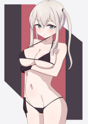 Rule 34 | 1girl, areola slip, bare arms, bare legs, bare shoulders, bikini, black bikini, black gloves, blonde hair, blush, breasts, cleavage, closed mouth, collarbone, covered erect nipples, cowboy shot, gloves, graf zeppelin (kancolle), groin, hair between eyes, highres, junes, kantai collection, large breasts, long hair, navel, purple eyes, sidelocks, solo, swimsuit, twintails