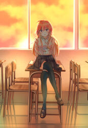 Rule 34 | 1girl, :o, arm support, black skirt, black thighhighs, blush, brown footwear, chair, classroom, commentary, crossed legs, desk, gonzz (gon2rix), highres, idolmaster, idolmaster cinderella girls, indoors, long hair, looking at viewer, ninomiya asuka, on desk, pleated skirt, school chair, school desk, school uniform, shirt, shirt tucked in, sitting, on desk, skirt, solo, sunset, thighhighs, very long hair, white shirt