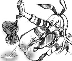 Rule 34 | &gt; &lt;, 1girl, blush, censored, hairband, inuyashiki rushi, kantai collection, legs up, lifebuoy, long hair, lying, monochrome, no panties, open mouth, peeing, puddle, pussy, rensouhou-chan, shimakaze (kancolle), shirt, shoes, skirt, sleeveless, sleeveless shirt, striped clothes, striped thighhighs, sweat, swim ring, tears, thighhighs, turret