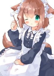 Rule 34 | 1girl, ;t, absurdres, animal ear fluff, animal ears, apron, black dress, blush, brown hair, closed mouth, collared dress, commentary request, dress, frilled apron, frills, green eyes, hair between eyes, hand up, highres, holding, long sleeves, looking at viewer, maid, maid apron, maid headdress, manabe mana, mimikaki, original, pouch, puffy long sleeves, puffy sleeves, simple background, sleeves past wrists, solo, tail, white apron, white background
