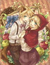 Rule 34 | 1boy, 1girl, absurdres, animal ears, apple, aqua eyes, big bad wolf, big bad wolf (cosplay), blonde hair, brother and sister, cosplay, fang, food, fruit, grimm&#039;s fairy tales, hair ornament, hairclip, hetero, highres, holding hands, hood, interlocked fingers, kagamine len, kagamine rin, kemonomimi mode, little red riding hood, little red riding hood (grimm), little red riding hood (grimm) (cosplay), makoto (roketto-massyumaro), nail polish, short hair, siblings, smile, tail, tongue, twins, vocaloid, wolf ears