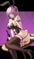Rule 34 | 1girl, animal ears, ass, bare shoulders, black background, black bow, black footwear, black leotard, blush, bottle, bow, bowtie, breasts, brown thighhighs, card, cleavage, commentary request, cup, detached collar, drinking glass, fake animal ears, fake tail, fate/grand order, fate (series), flower, garter straps, hair flower, hair ornament, hair over one eye, hairband, high heels, large breasts, leotard, looking at viewer, mash kyrielight, navel, on table, open mouth, pink background, playboy bunny, playing card, purple eyes, purple hair, rabbit ears, rabbit tail, revealing clothes, rose, seven (shijima), shoes, short hair, sitting, solo, strapless, strapless leotard, striped, striped background, table, tail, thighhighs, wine bottle, wine glass, wrist cuffs