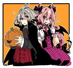 Rule 34 | 2boys, :q, ahoge, ascot, astolfo (fate), black bow, black cape, black shirt, blush, bow, cape, corset, cowboy shot, cross-laced clothes, cross-laced corset, crossdressing, demon costume, demon horns, demon wings, dress, fang, fate/apocrypha, fate (series), flower, flying sweatdrops, food, frilled bow, frilled gloves, frilled sleeves, frills, gloves, grey ascot, grey hair, hair between eyes, hair bow, hair flower, hair intakes, hair ornament, halloween, halloween costume, haoro, heart, holding, holding food, holding pitchfork, holding pumpkin, holding vegetable, horns, index finger raised, jack-o&#039;-lantern, long braid, long hair, looking to the side, multiple boys, neck ribbon, orange background, pink hair, pitchfork, polka dot, polka dot bow, polka dot dress, pumpkin, purple dress, purple eyes, purple flower, purple ribbon, red eyes, red horns, red vest, ribbon, shirt, short hair, sieg (fate), signature, skin fang, tongue, tongue out, trap, vampire costume, vegetable, vest, white gloves, wings
