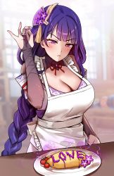 Rule 34 | 1girl, absurdres, apron, blurry, blurry background, blush, braid, breasts, bridal gauntlets, cleavage, closed mouth, cooking, depth of field, detached collar, food, foxyreine, genshin impact, hair ornament, hand up, highres, large breasts, lens flare, long hair, low-braided long hair, low-tied long hair, meme, mole, mole under eye, neck ribbon, omelet, omurice, purple eyes, purple hair, raiden shogun, red ribbon, revision, ribbon, salt bae (meme), solo, white apron