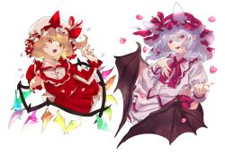 Rule 34 | 2girls, alternate costume, bat wings, blonde hair, blush, chamaruk, colored eyelashes, commentary request, dress, fang, flandre scarlet, hair between eyes, hat, hat ribbon, looking at viewer, medium hair, mob cap, multiple girls, nail polish, one side up, open mouth, pointing, pointing at viewer, pointy ears, purple eyes, purple hair, red dress, red eyes, red nails, red ribbon, remilia scarlet, ribbon, siblings, simple background, sisters, skin fang, touhou, white background, wings