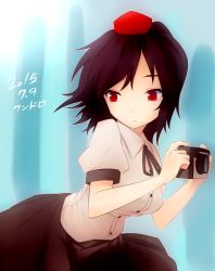 Rule 34 | 1girl, black ribbon, brown hair, brown skirt, buttons, camera, closed mouth, hat, holding, holding camera, miyo (ranthath), neck ribbon, puffy short sleeves, puffy sleeves, red eyes, red hat, ribbon, shameimaru aya, short hair, short sleeves, skirt, solo, tokin hat, touhou